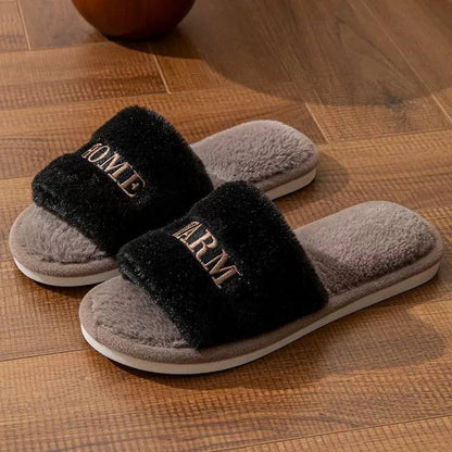 Fluffy Open-Toe Slippers With Embroidered Lettering Detail – Black