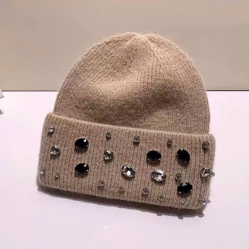Jewel Embellished Knitted Beanie With Turned-Up Brim – Taupe