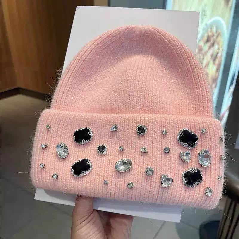 Jewel Embellished Knitted Beanie With Turned-Up Brim – Pink