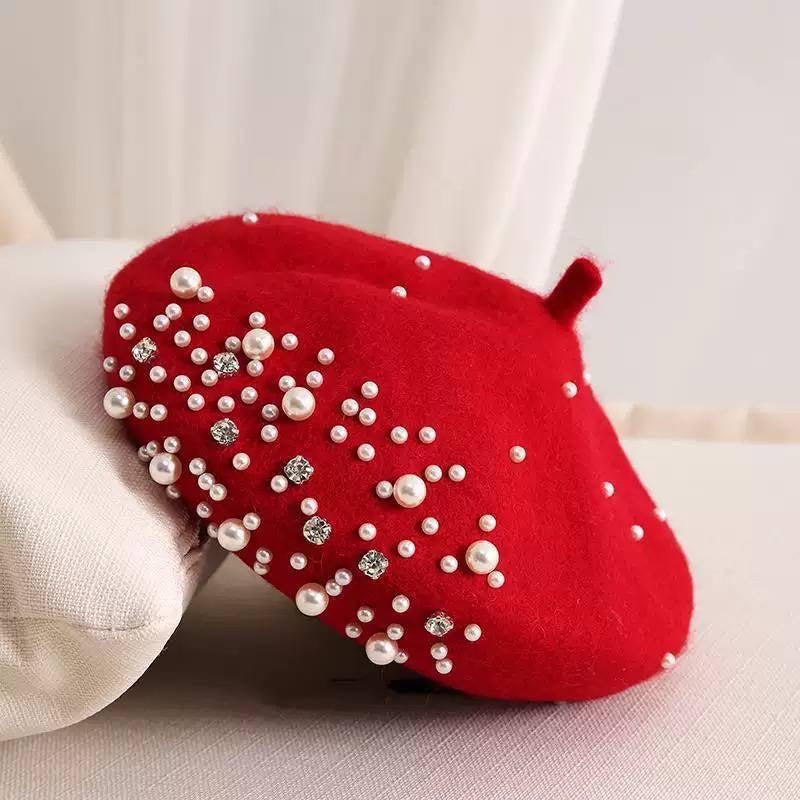 Classic Beret With Pearl-Effect And Sparkling Embellishments – Red