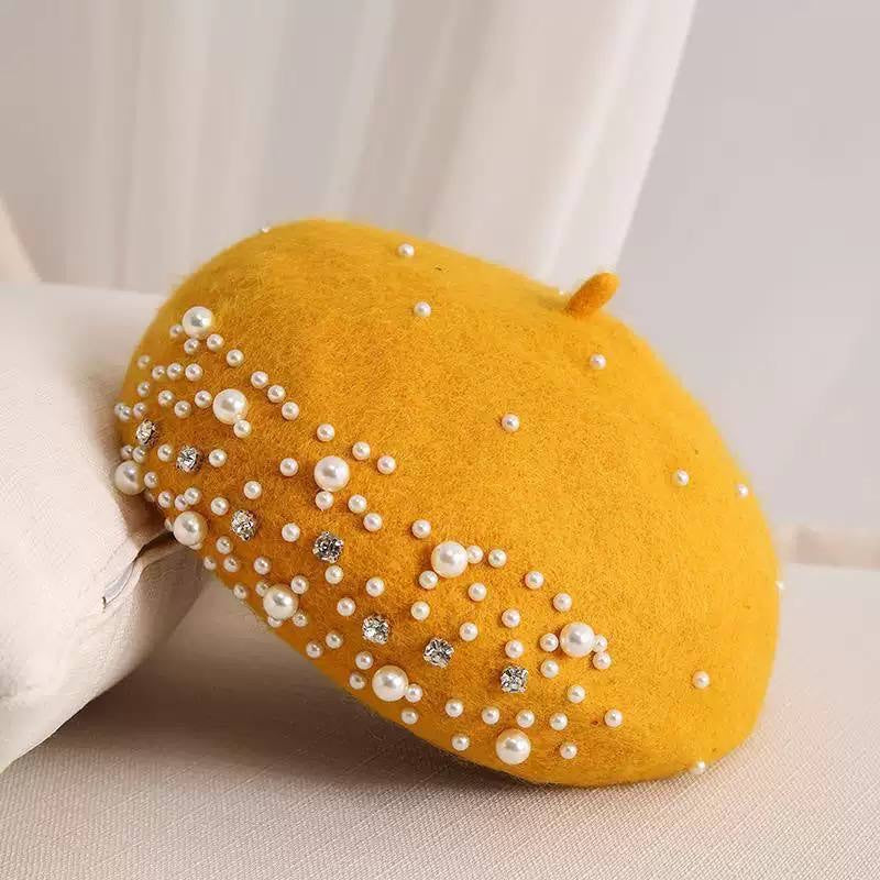 Classic Beret With Pearl-Effect And Sparkling Embellishments – Yellow