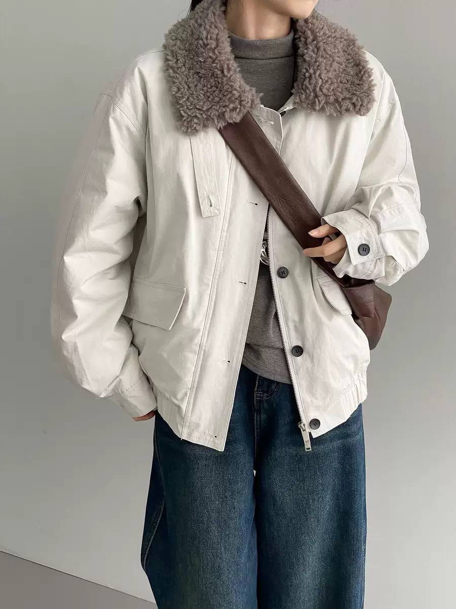 Relaxed Zip-Front Jacket With Textured Collar And Pockets – Cream