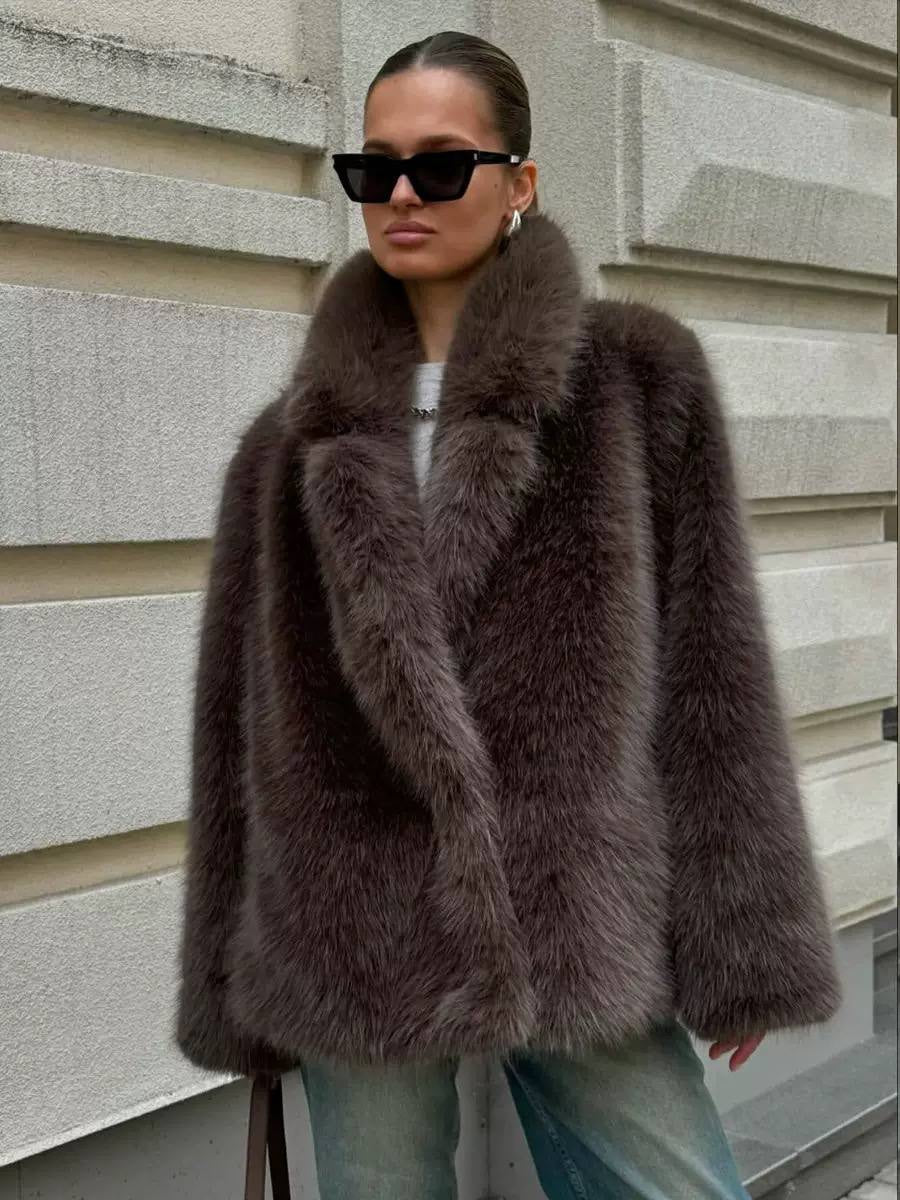 Relaxed Plush-Textured Coat With Wide Collar And Long Sleeves – Brown