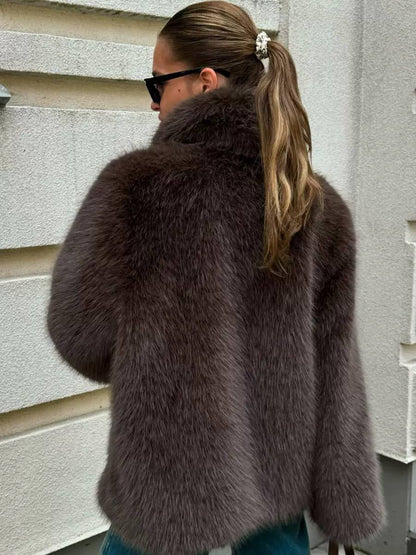 Relaxed Plush-Textured Coat With Wide Collar And Long Sleeves – Brown