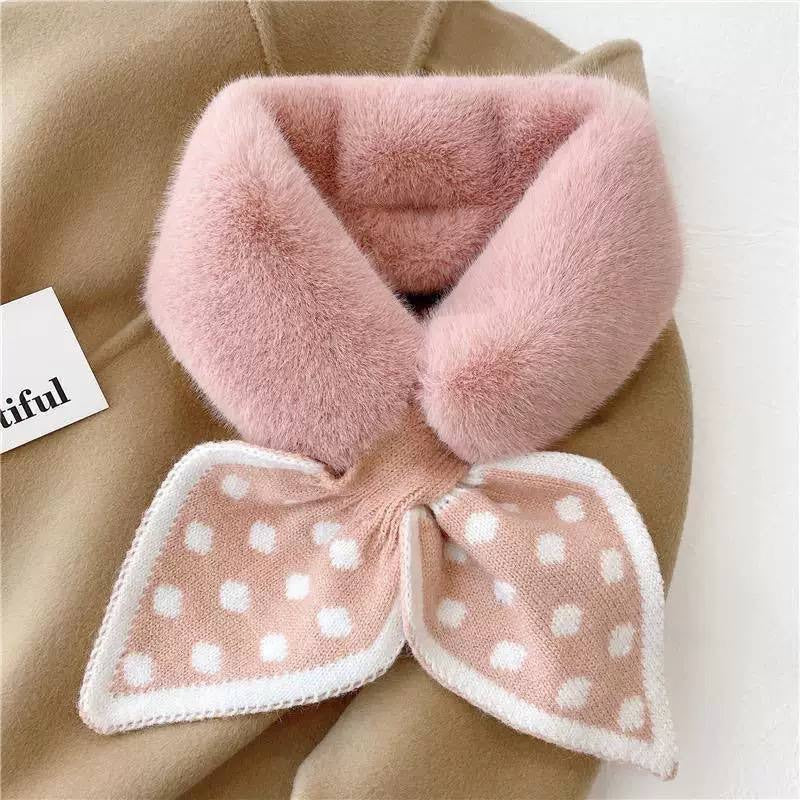 Fluffy Collar Scarf With Patterned Bow-Style Pointed Ends – Pink Polka Dot