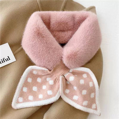 Fluffy Collar Scarf With Patterned Bow-Style Pointed Ends – Pink Polka Dot