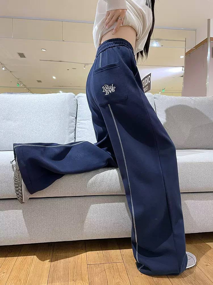 Wide Leg Drawstring Trousers With Contrast Stitch Detailing – Navy