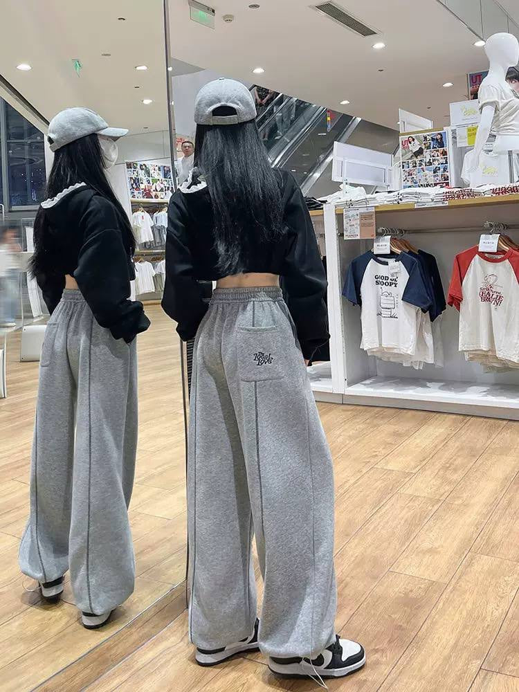 Wide Leg Drawstring Trousers With Contrast Stitch Detailing – Grey