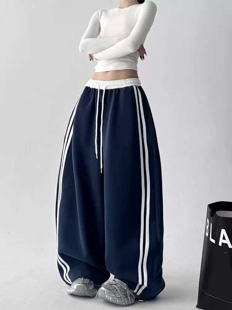 Wide Leg Side Stripe Trousers With Drawstring Waist – Navy
