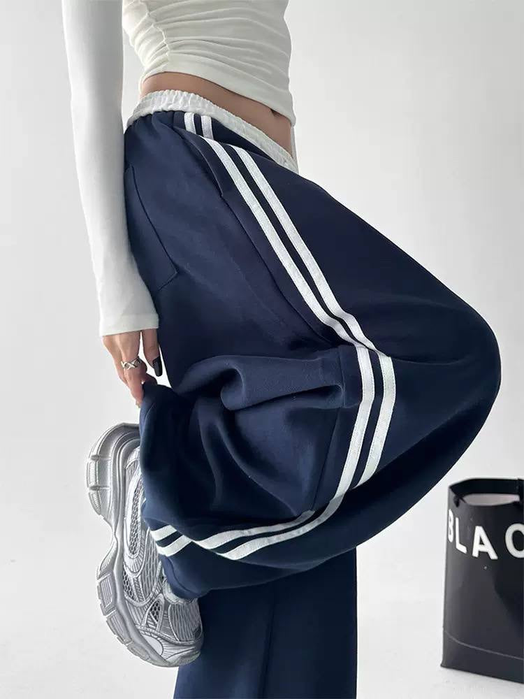 Wide Leg Side Stripe Trousers With Drawstring Waist – Navy