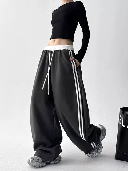 Wide Leg Side Stripe Trousers With Drawstring Waist – Dark Grey