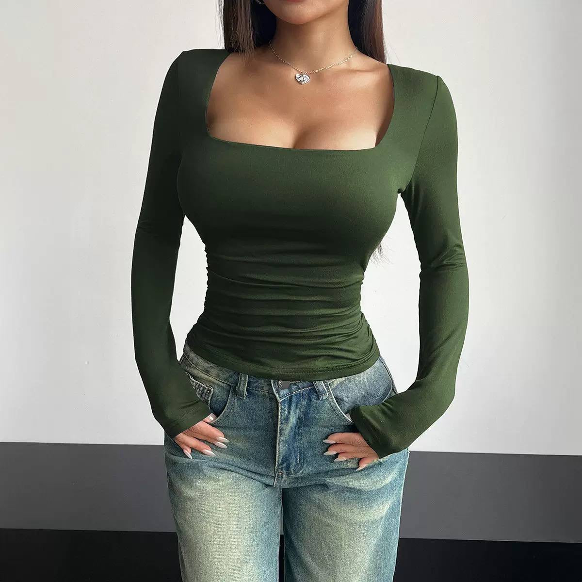 Fitted Square Neck Top With Long Sleeves – Dark Green