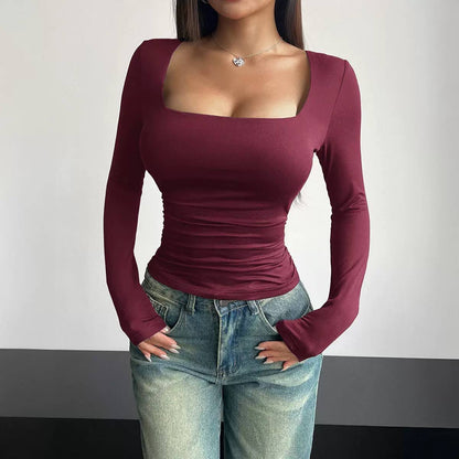 Fitted Square Neck Top With Long Sleeves – Burgundy