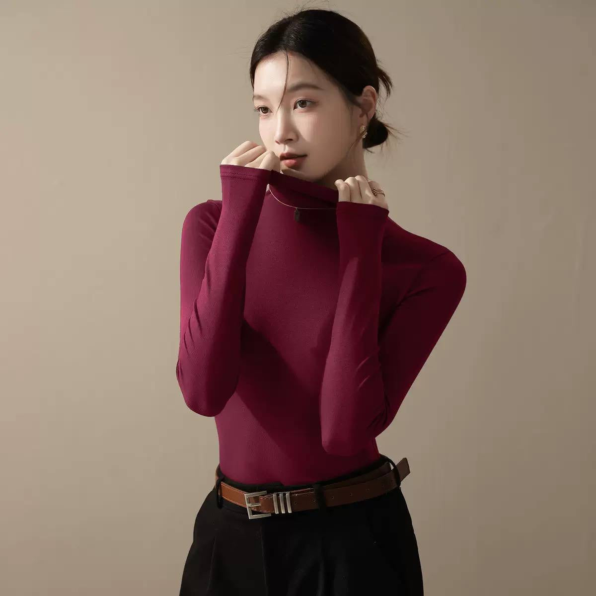 Slim Fit Mock Neck Long Sleeve Top – Burgundy