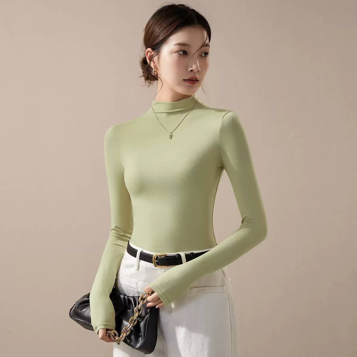 Slim Fit Mock Neck Long Sleeve Top – Light Green