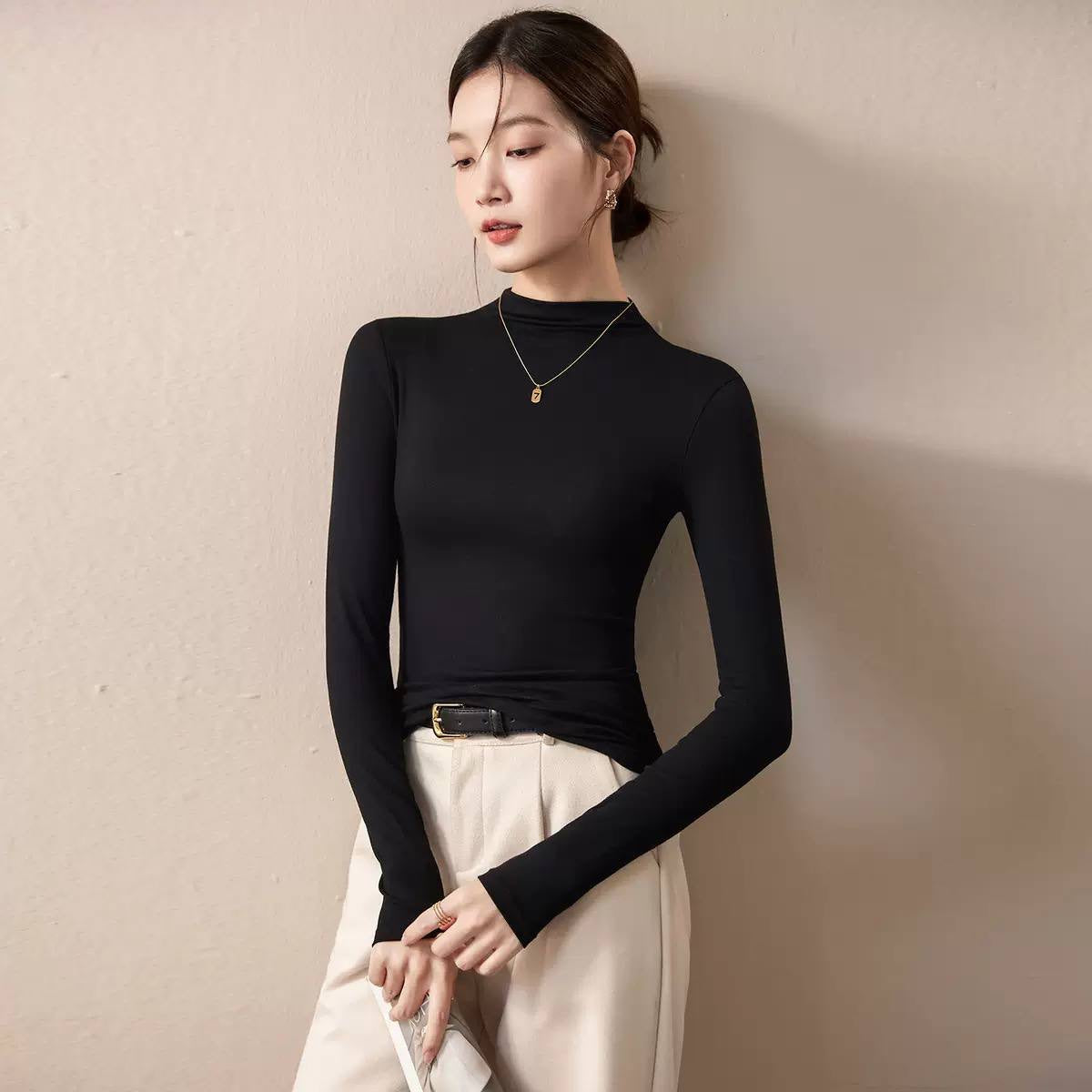Slim Fit Mock Neck Long Sleeve Top – Black