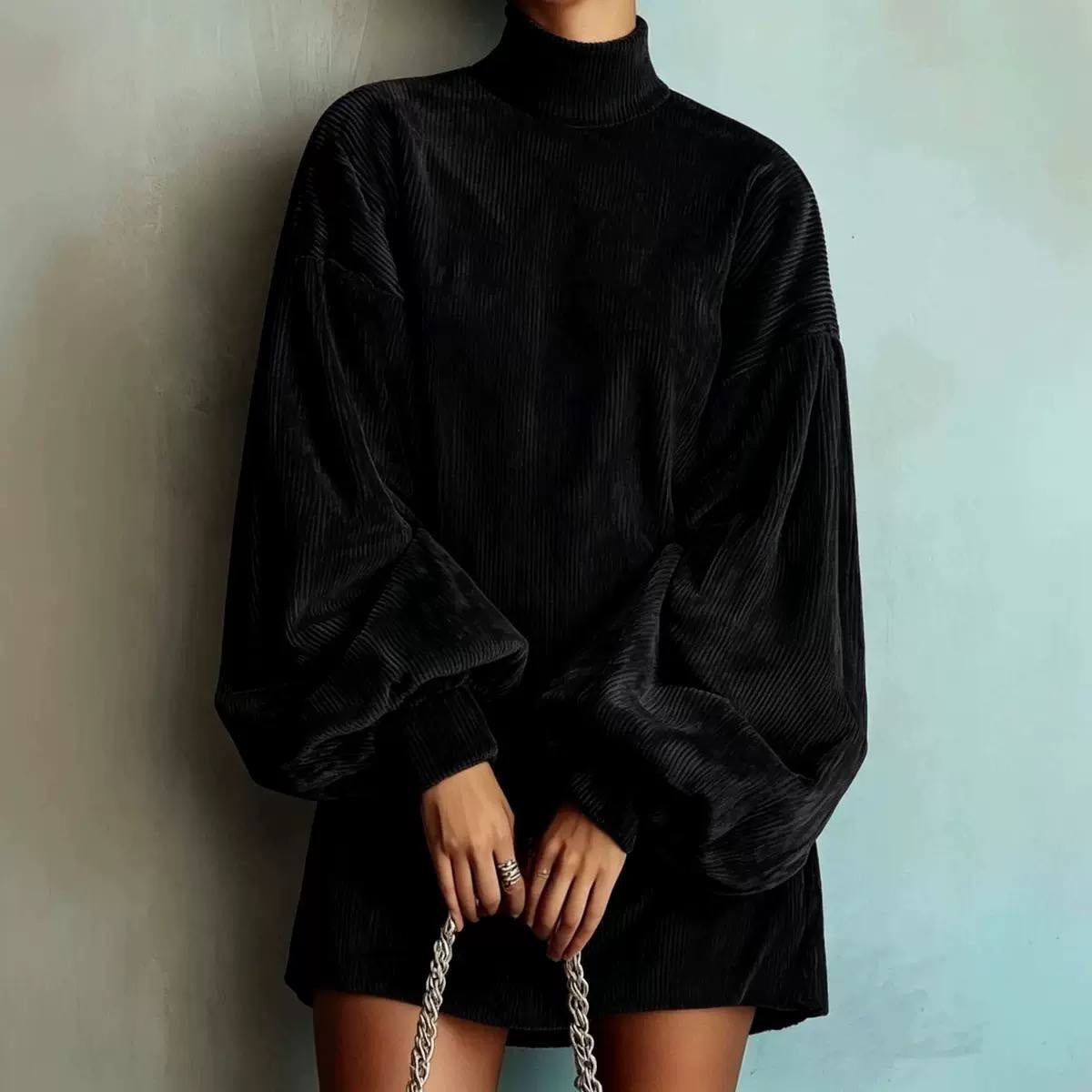 Ribbed High Neck Mini Dress With Balloon Sleeves – Black