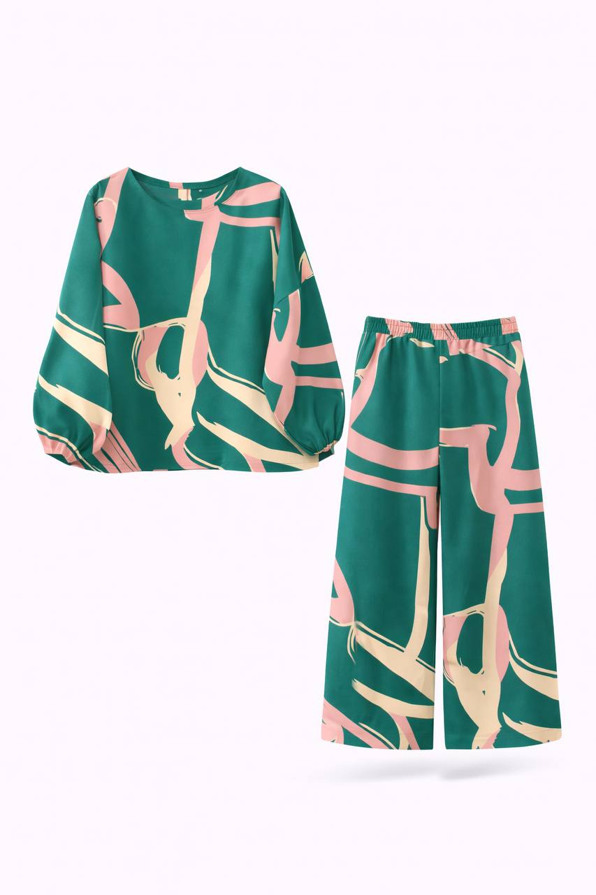 Women's Abstract Print Wide Leg Two-Piece Set