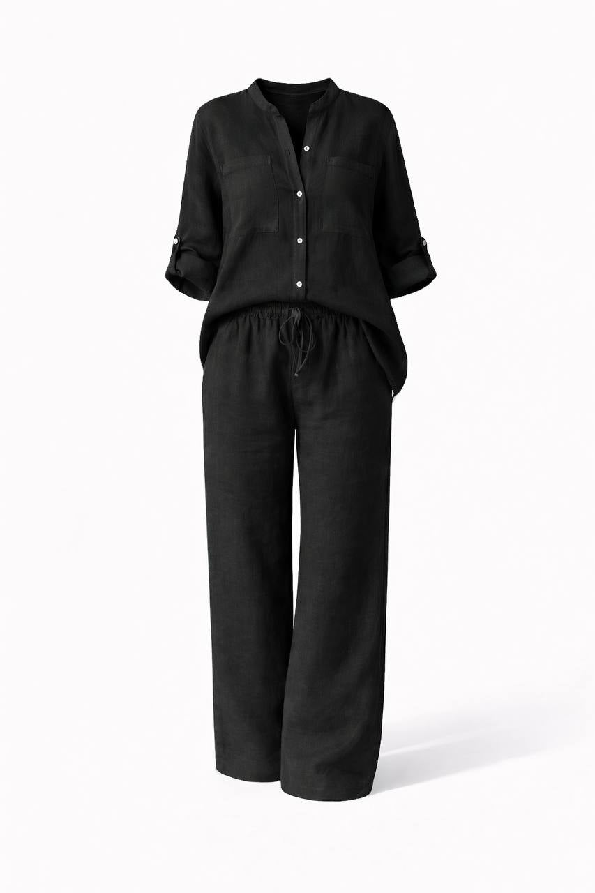 Women's Linen Button-Up Wide Leg Two Piece Set