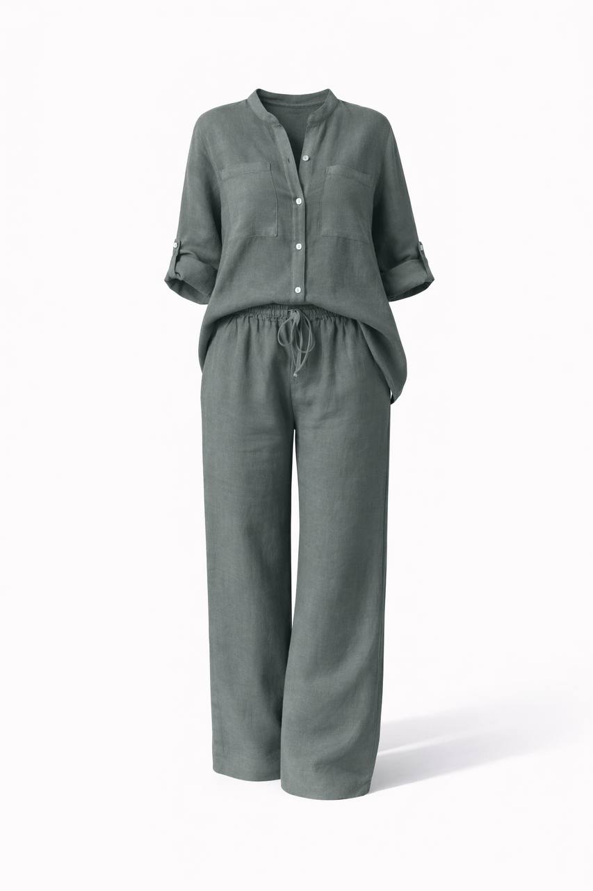 Women's Linen Button-Up Wide Leg Two Piece Set