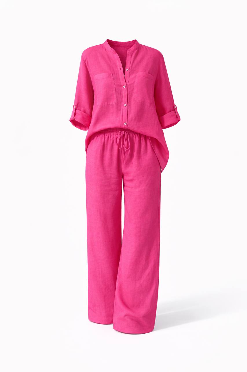 Women's Linen Button-Up Wide Leg Two Piece Set