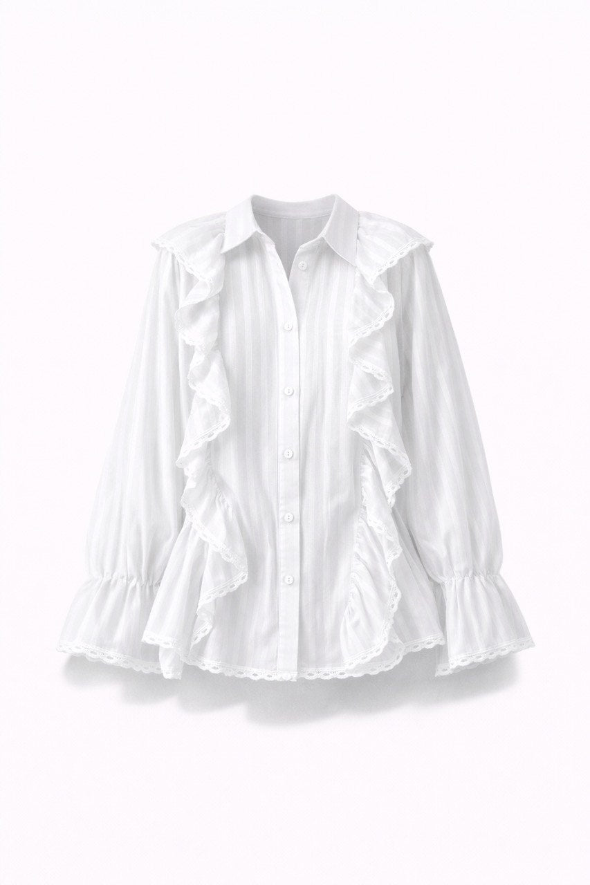 Women's Long Sleeve Ruffle Lace Trim Blouse