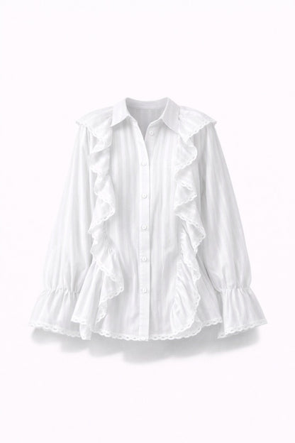 Women's Long Sleeve Ruffle Lace Trim Blouse