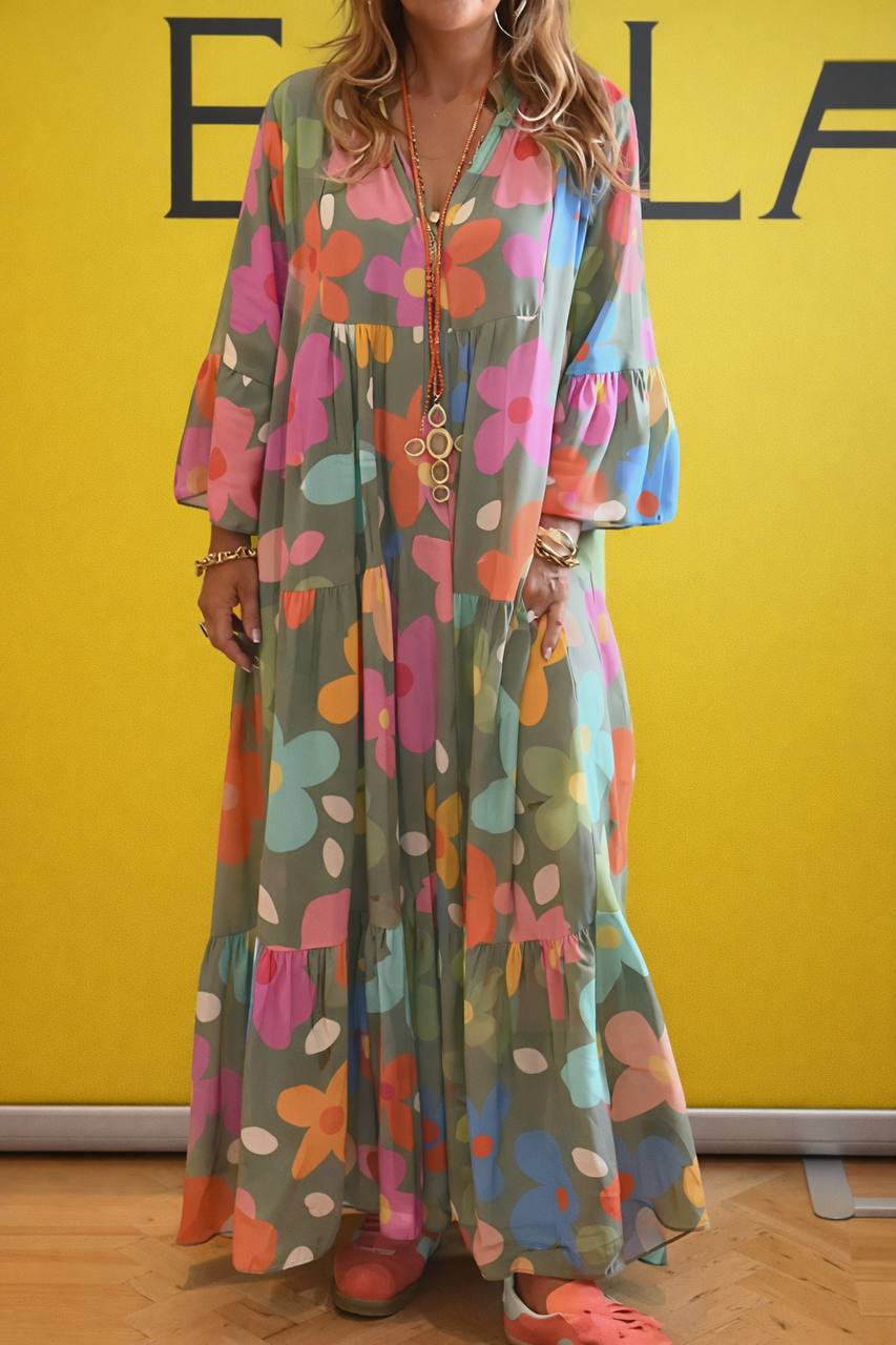 Women's Floral V-Neck Long Sleeve Maxi Dress