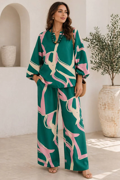 Women's Abstract Print Wide Leg Two-Piece Set