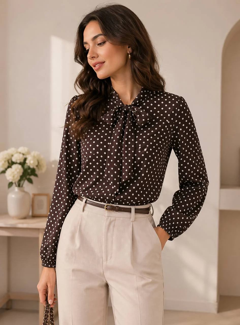 Women's Polka Dot Tie Neck Long Sleeve Blouse