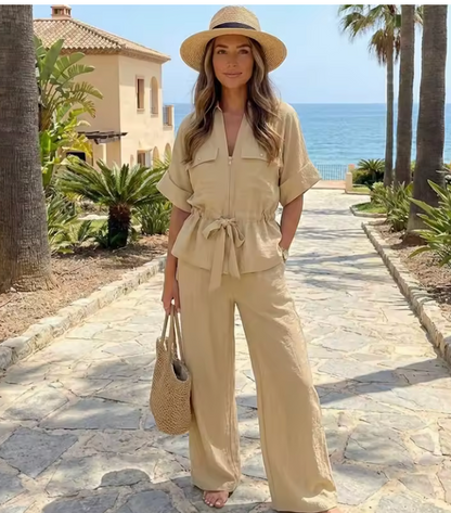 Women's Wide Leg Tie Waist Two Piece Set