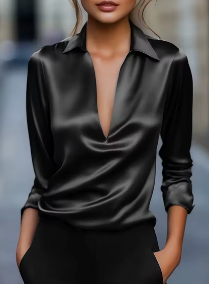 Women's Satin Collared V Neck Blouse