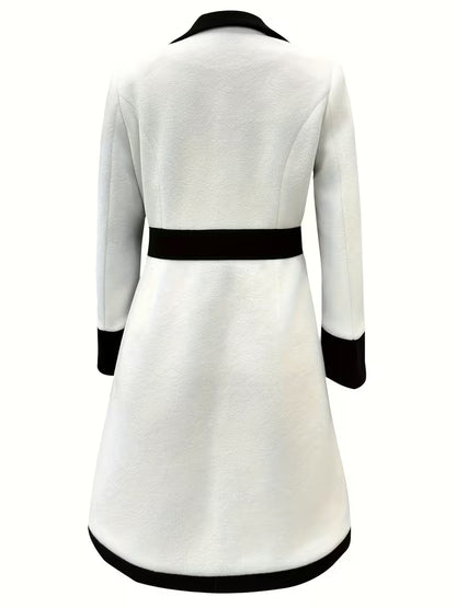 Women’s Elegant Contrast-Trim Tailored Midi Coat Dress with Notched Lapels